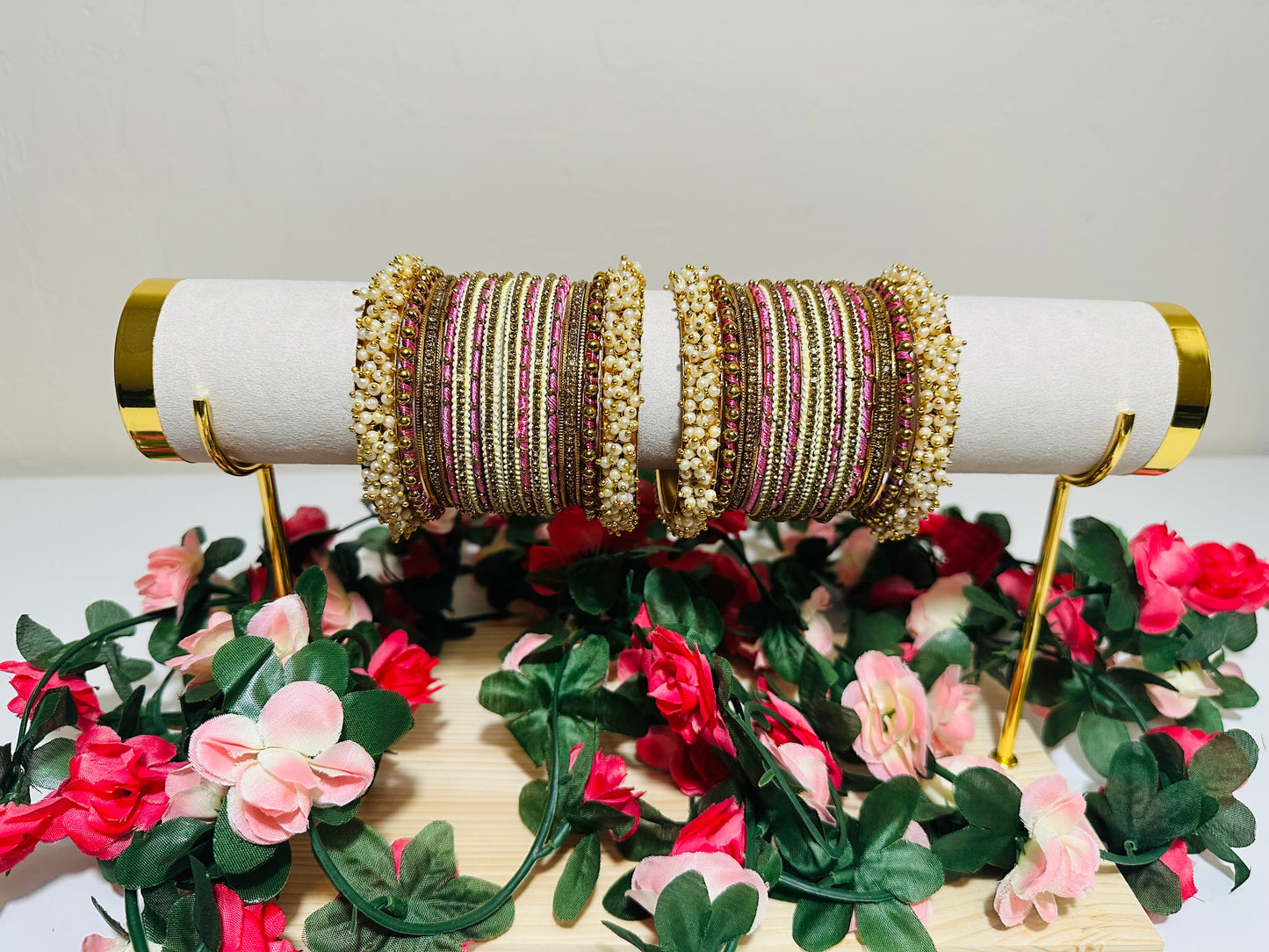 Custom Pink and Gold Peral Thread Bangle Set