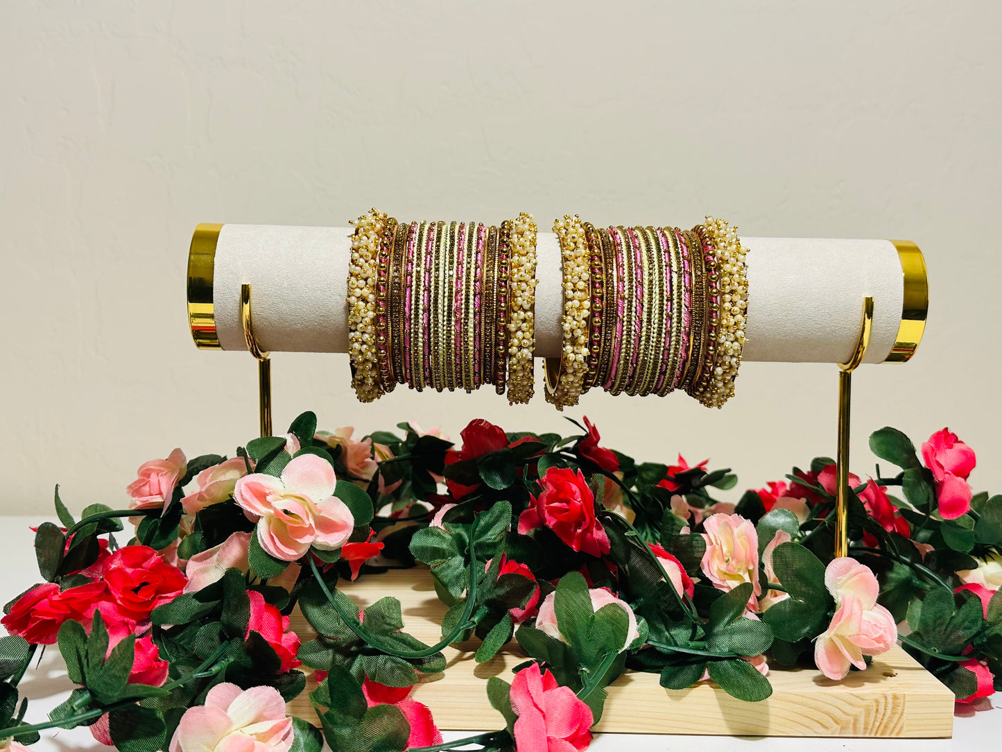 Custom Pink and Gold Peral Thread Bangle Set