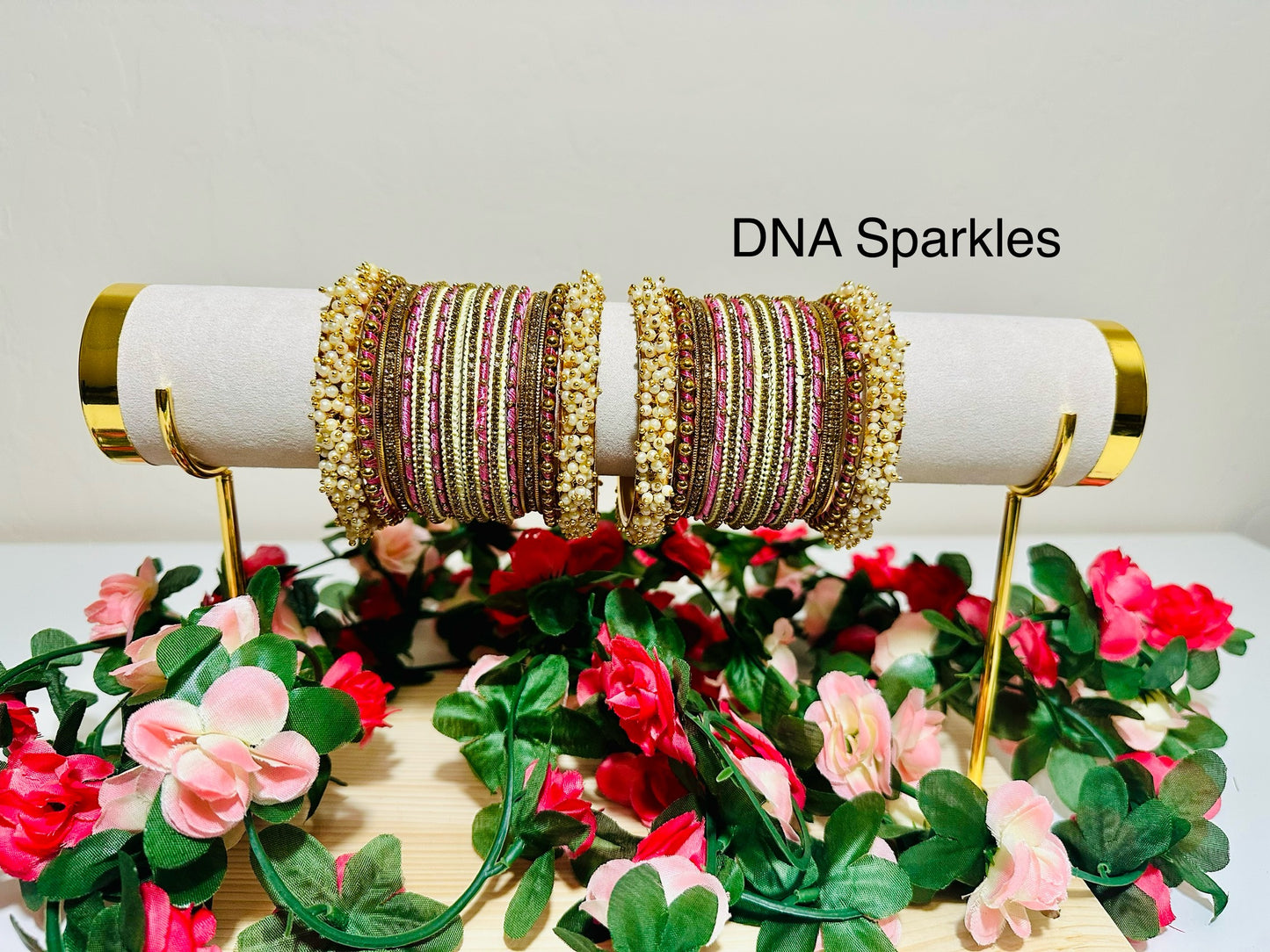 Custom Pink and Gold Peral Thread Bangle Set