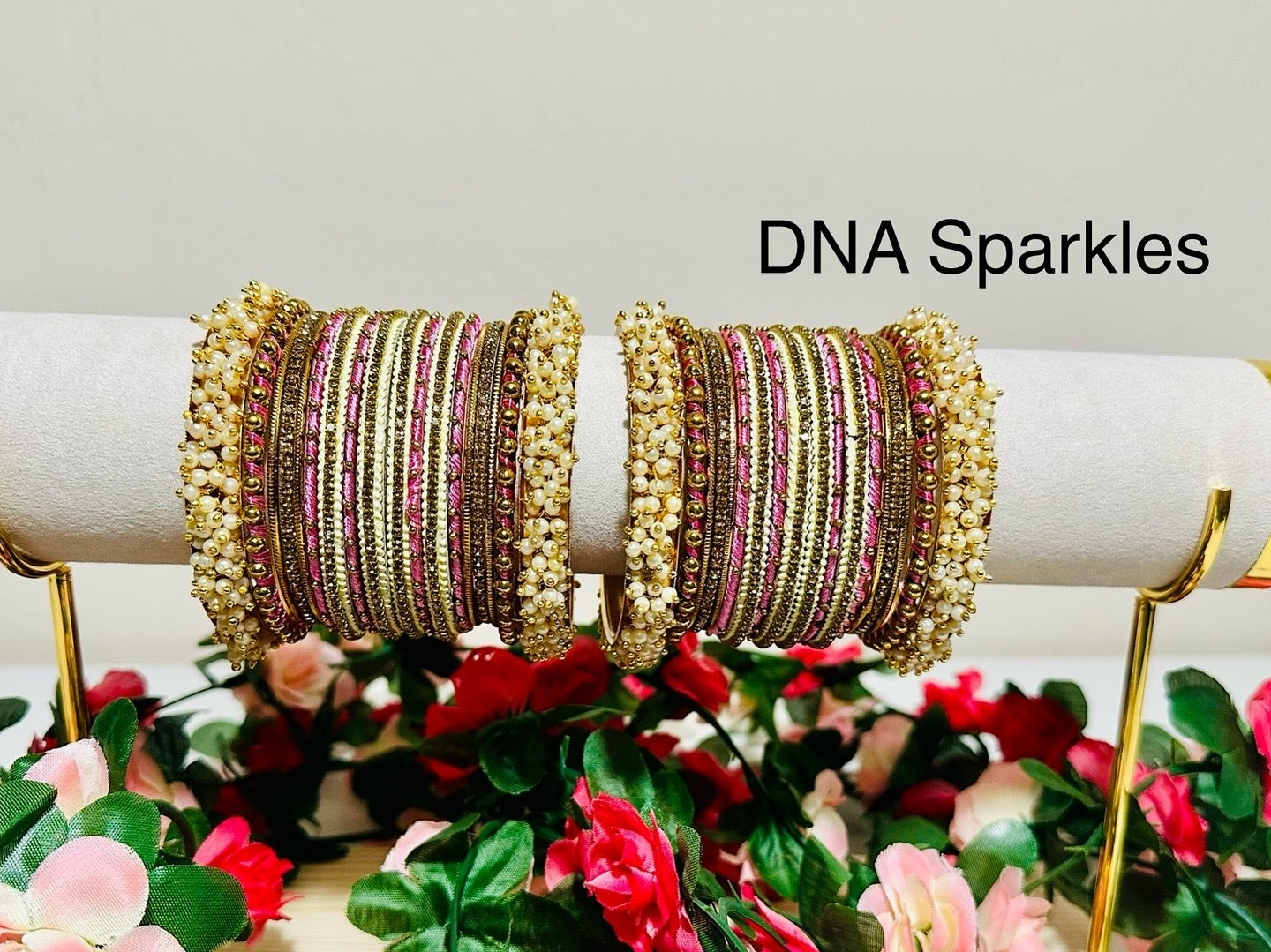 Pastle Pink and Green Custom Metal and Thread Bangle/Bracelet Set