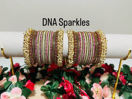 Pastle Pink and Green Custom Metal and Thread Bangle/Bracelet Set